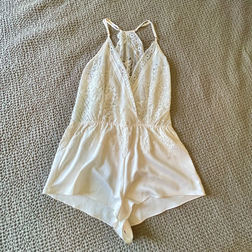 Flora Nikrooz Satin and Lace Wrap Romper Sleepwear